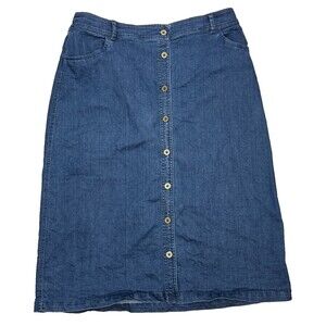 Laura Scott Denim Jean Y2K Midi Skirt 16 Button Up Pockets Elastic Waist Classic